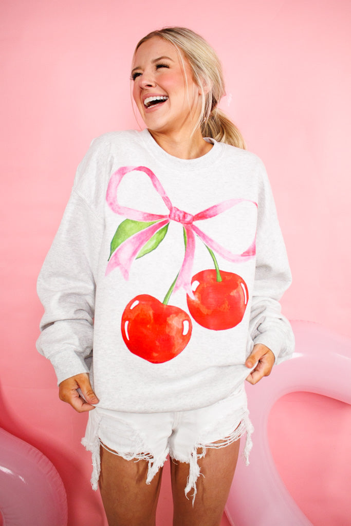 Cherries with Pink Bow Only Sweatshirt, Light Grey