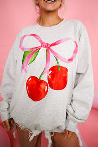 Cherries with Pink Bow Only Sweatshirt, Light Grey